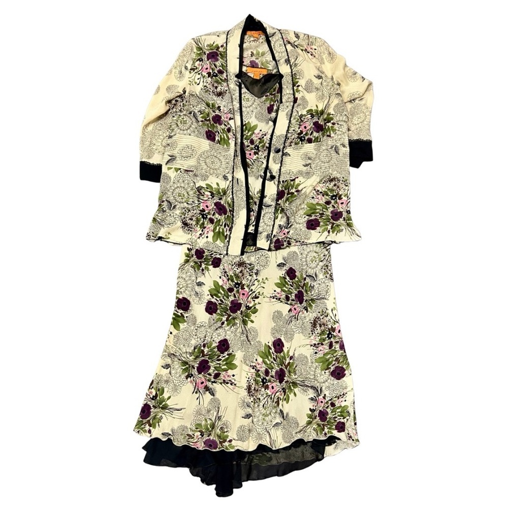 Harari 100% Silk 3-Piece Set Blouse (L), Cardigan (S), Skirt (S)